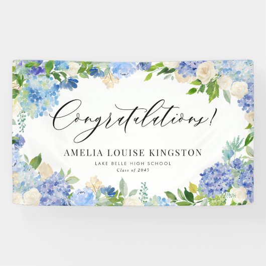 Banderoles Blue Hydrangea et Ivory Rose Graduation Party (Horizontal)