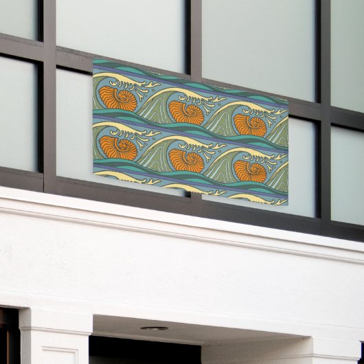 Banderoles Blue Ocean Waves Nautilus Seashell Motif Nouveau (Bâtiment extérieur)