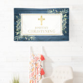 Banderoles Blue Rustic Foliage Gold Cross Baptême Christening (En situation)