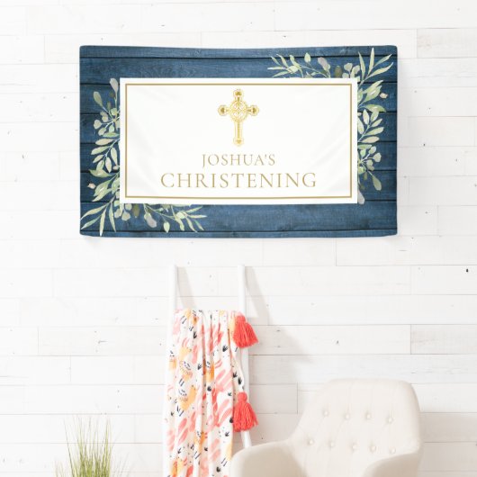 Banderoles Blue Rustic Foliage Gold Cross Baptême Christening (En situation)