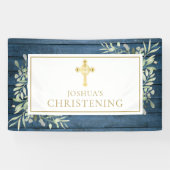 Banderoles Blue Rustic Foliage Gold Cross Baptême Christening (Horizontal)