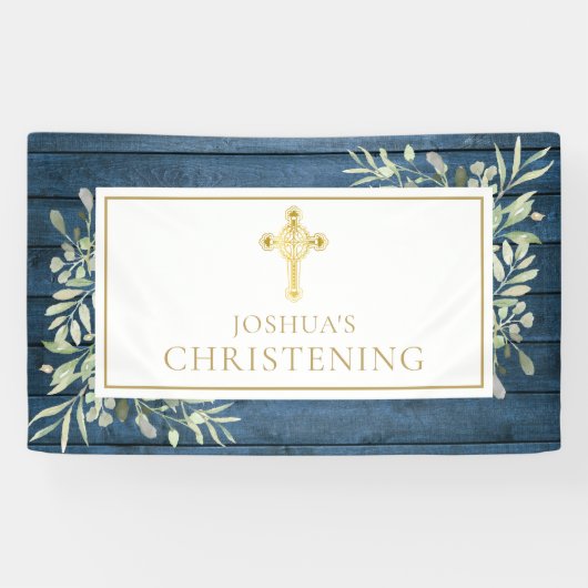 Banderoles Blue Rustic Foliage Gold Cross Baptême Christening (Horizontal)
