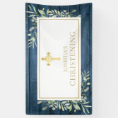 Banderoles Blue Rustic Foliage Gold Cross Baptême Christening (Vertical)