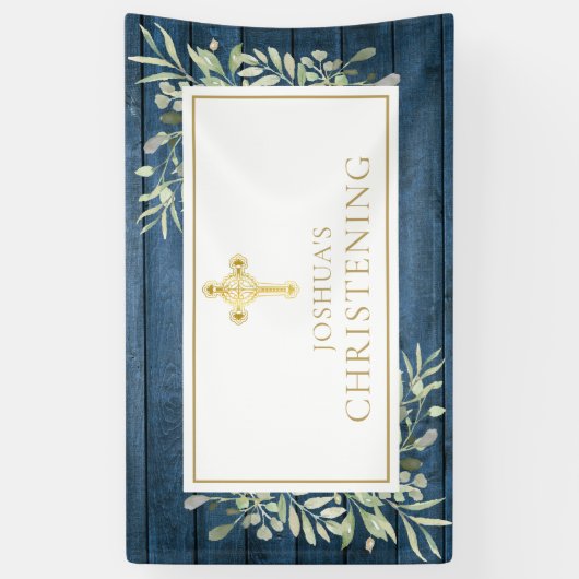 Banderoles Blue Rustic Foliage Gold Cross Baptême Christening (Vertical)