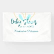 Blue yellow baby shower name date animal ear cute 