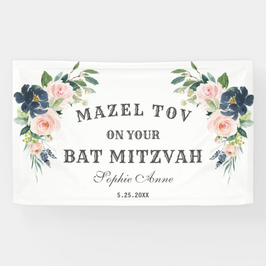 Banderoles Blush Navy Blue Flowers Bat mitzvah Affiche de bie (Horizontal)