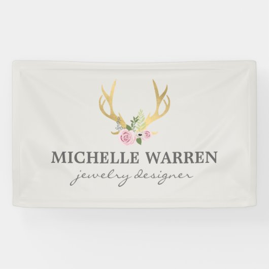Banderoles Bohème Antlers en or avec Fleurs II (Horizontal)