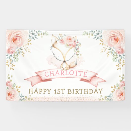 Banderoles Boho Blush Floral Fox Fille fête d'anniversaire Bi (Horizontal)