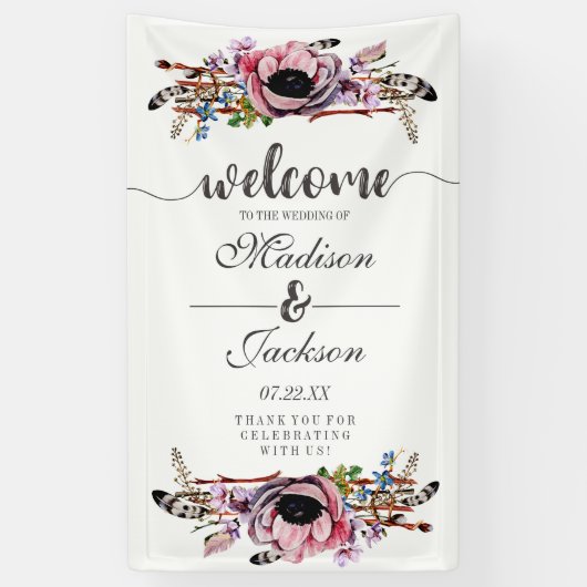 Banderoles Boho Chic Blush rose Floral Mariage Bienvenue (Vertical)