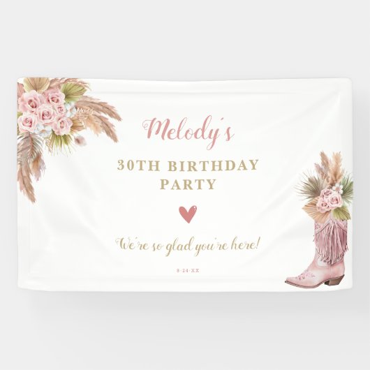 Banderoles Boho Cowgirl Boot Pampas Grass Roses (Horizontal)