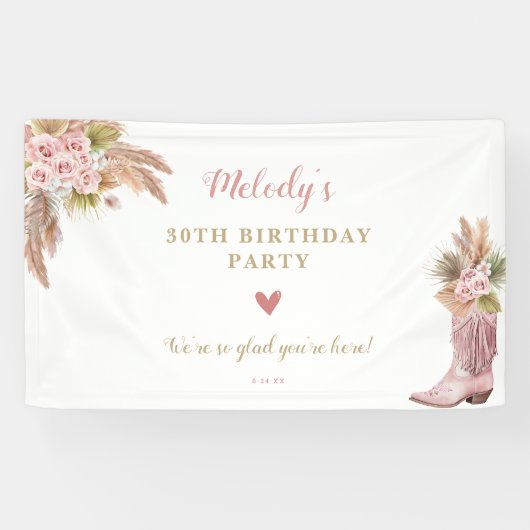 Banderoles Boho Cowgirl Boot Pampas Grass Roses (Horizontal)