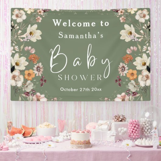 Banderoles Boho Fleur sauvage Rustique Sage Baby shower vert (Fête)