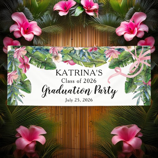 Banderoles Boho Green Feuilles | Pink Hibiscus Graduus Party