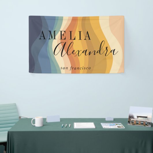 Banderoles Boho Retro Script Abstrait Wavy Lines Jaune Bleu (Salon professionnel)