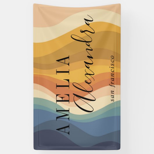 Banderoles Boho Retro Script Abstrait Wavy Lines Jaune Bleu (Vertical)