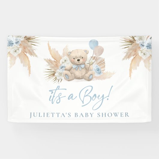 Banderoles Boho Teddy Bear Boy Baby shower bleu Bienvenue (Horizontal)