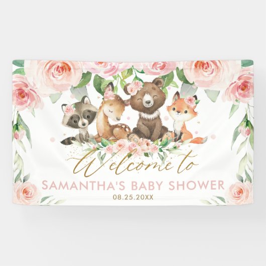 Banderoles Bois Animaux Baby shower Floral rose Fond  (Horizontal)