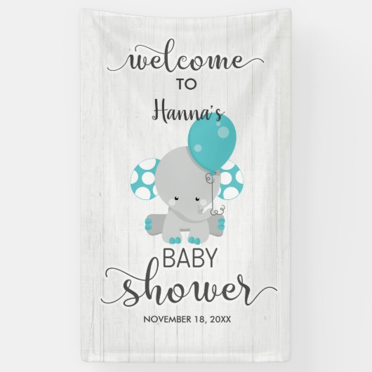 Banderoles Bois blanc et Baby shower éléphant Turquoise Bienv (Vertical)