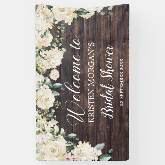 Banderoles Bois rustique roses blanches hydrangée douche nupt (Vertical)