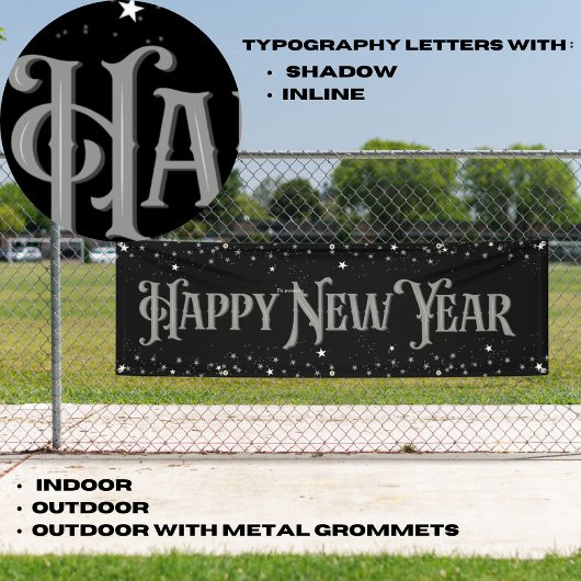 Banderoles Bonne année étoiles argent et noir