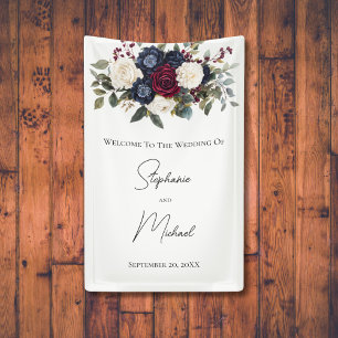 Banderoles Bourgogne Bleu Nuit Blanc Floral Élégant Mariage