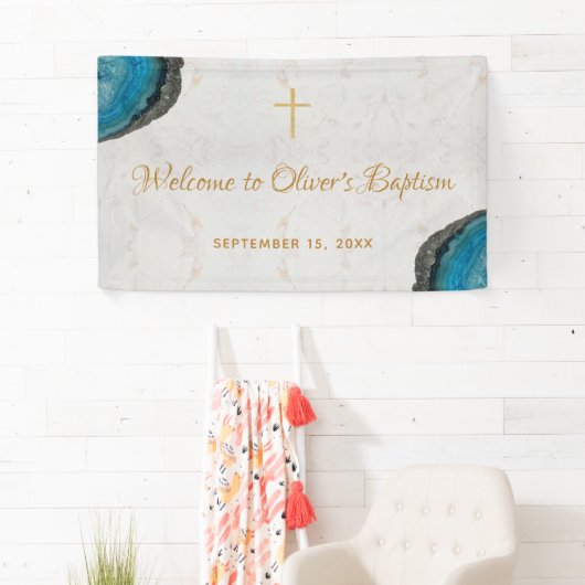 Banderoles Boy Baptism Blue Geode Agate Marbre Script Bienven (En situation)