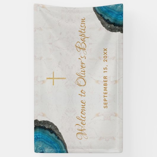 Banderoles Boy Baptism Blue Geode Agate Marbre Script Bienven (Vertical)