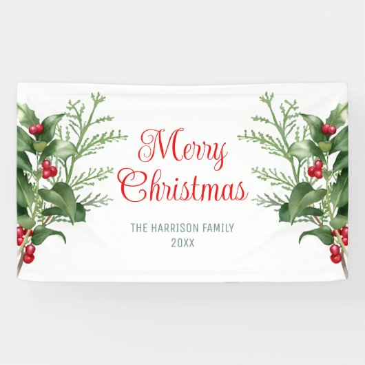 Banderoles Branche de baies Holly Minimale Joyeux Noël (Horizontal)