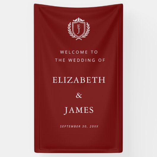 Banderoles Burgundy Crest Wedding Welcome, Custom Initials (Vertical)