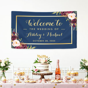 Banderoles Burgundy Red Floral Navy Blue Gold Wedding Party
