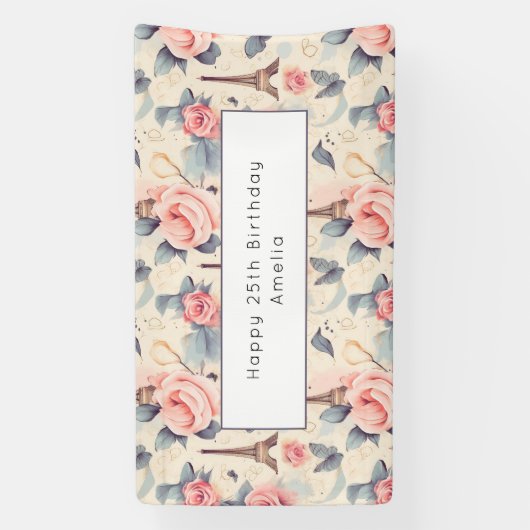 Banderoles Butterfly Tour Eiffel et Motif Rose Anniversaire (Verticale)