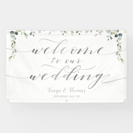 Banderoles Calligraphie argent vert Mariage de bienvenue blan (Horizontal)