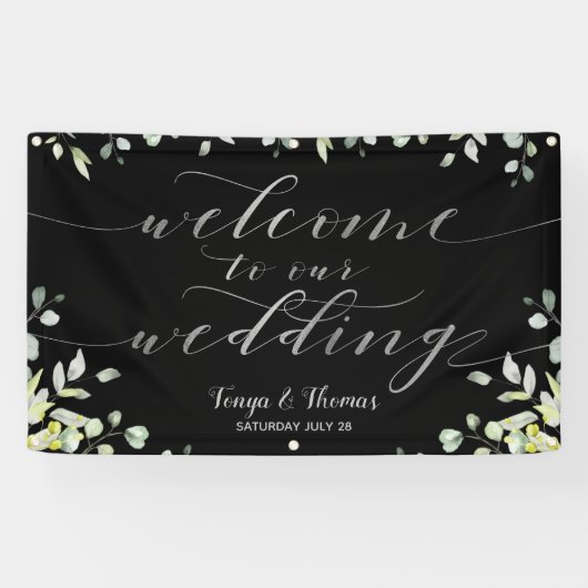 Banderoles Calligraphie argent vert Mariage de bienvenue noir (Horizontal)