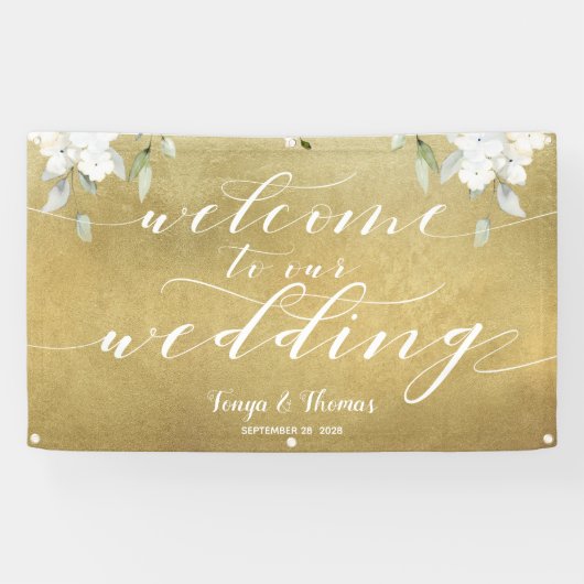 Banderoles Calligraphie blanche or Floral Mariage de bienvenu (Horizontal)
