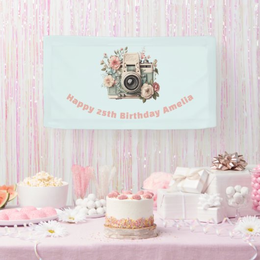 Banderoles Camera with Flowers Retro Pastel Image Birthday (Fête)