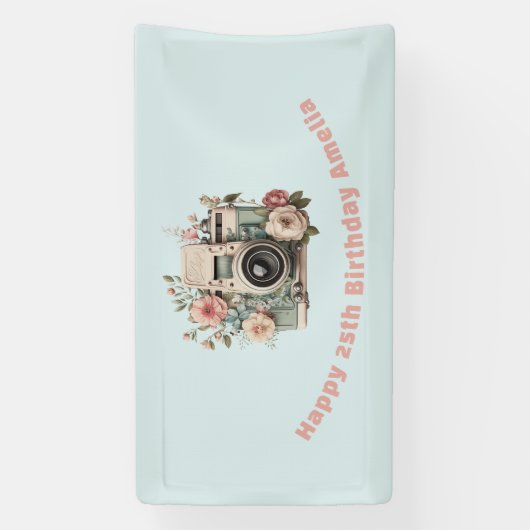 Banderoles Camera with Flowers Retro Pastel Image Birthday (Verticale)