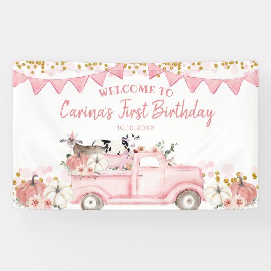 Banderoles Camion Rose Citrouille De Ferme Par Anniversaire C (Horizontal)