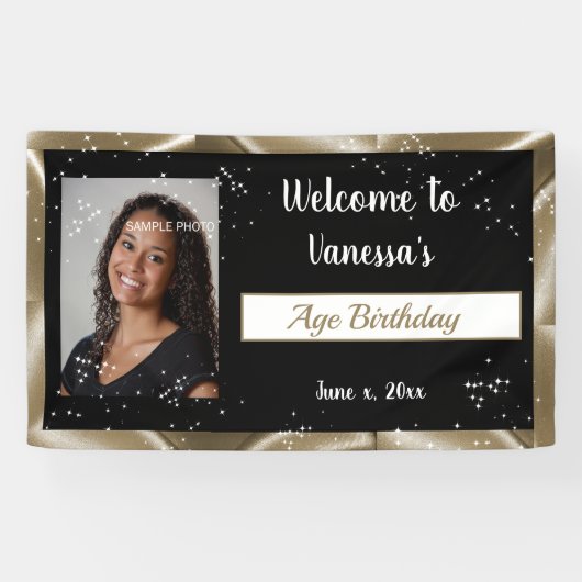 Banderoles Célébration d'anniversaire Satin doré, Paillettes (Horizontal)