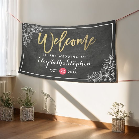 Banderoles Chalkboard Floral Chic Gold Script Mariage Bienven