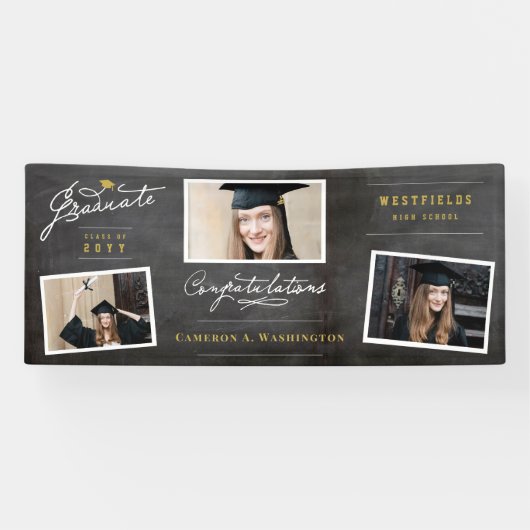Banderoles Chalkboard Script élégant 3 Photo Graduation Party (Horizontal)