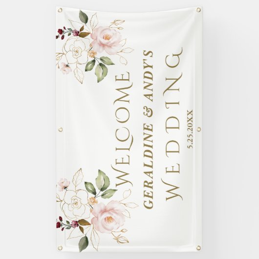 Banderoles Charm rose Fleurs blanches or Mariage Affiche de b (Vertical)