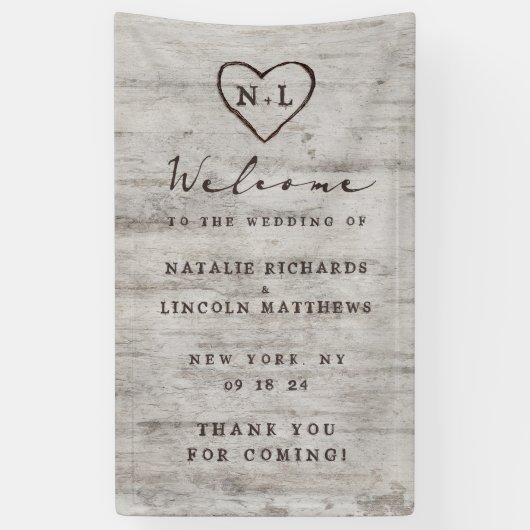 Banderoles Charrettes sculptées Rustique Birch Mariage Bienve (Vertical)