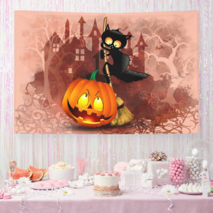 Banderoles Chat effrayé par Citrouille Fun Halloween caractèr