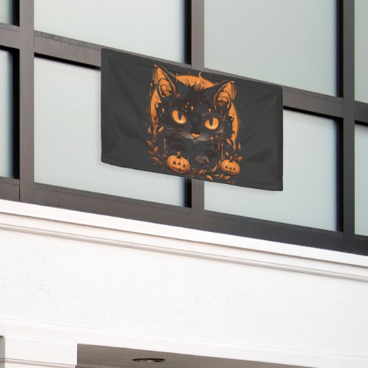 Banderoles Chat noir d'Halloween avec Citrouilles et lune (Bâtiment extérieur)