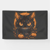 Banderoles Chat noir d'Halloween avec Citrouilles et lune (Horizontal)