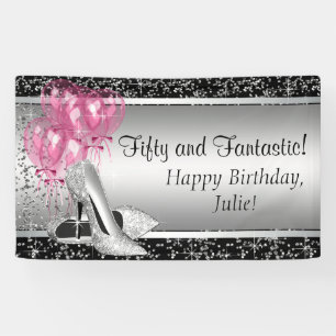 Banderoles Chaussure à talon haut rose noir argent Anniversai