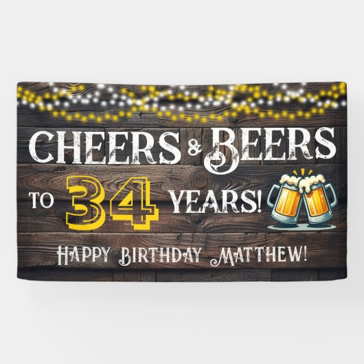 Banderoles Cheers and Beers to 34 Years Birthday Party Banner (Horizontal)