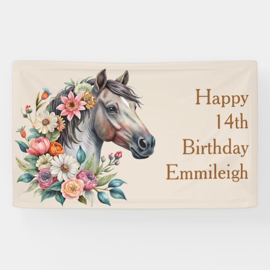 Banderoles Cheval Floral Gris Ado Fille Anniversaire (Horizontal)