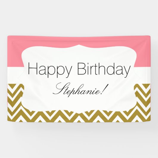 Banderoles Chevron d'or avec Anniversaire rose (Horizontal)