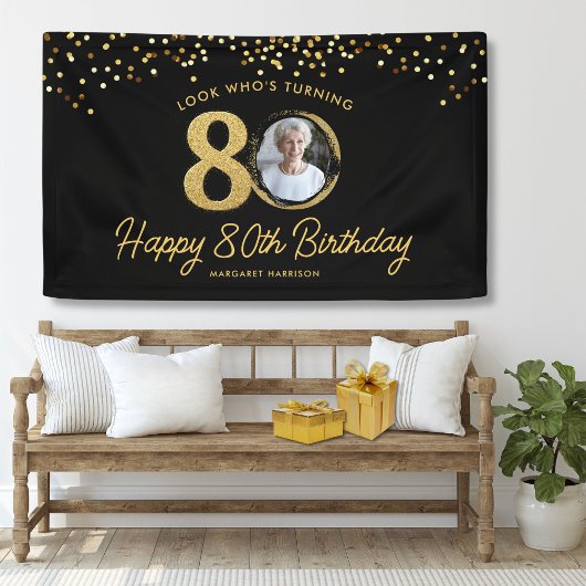 Banderoles Chic Black Gold 80th Birthday Party Photo personna